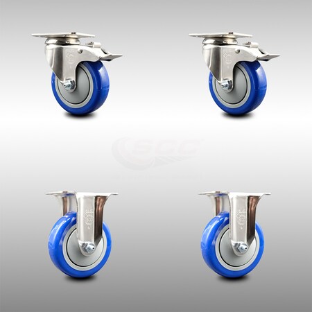 Service Caster 4 Inch 316SS Blue Polyurethane Swivel Top Plate Caster Lock Brake 2 Rigid, 2PK SCC-SS316TTL20S414-PPUB-BLUE-2-R-2
